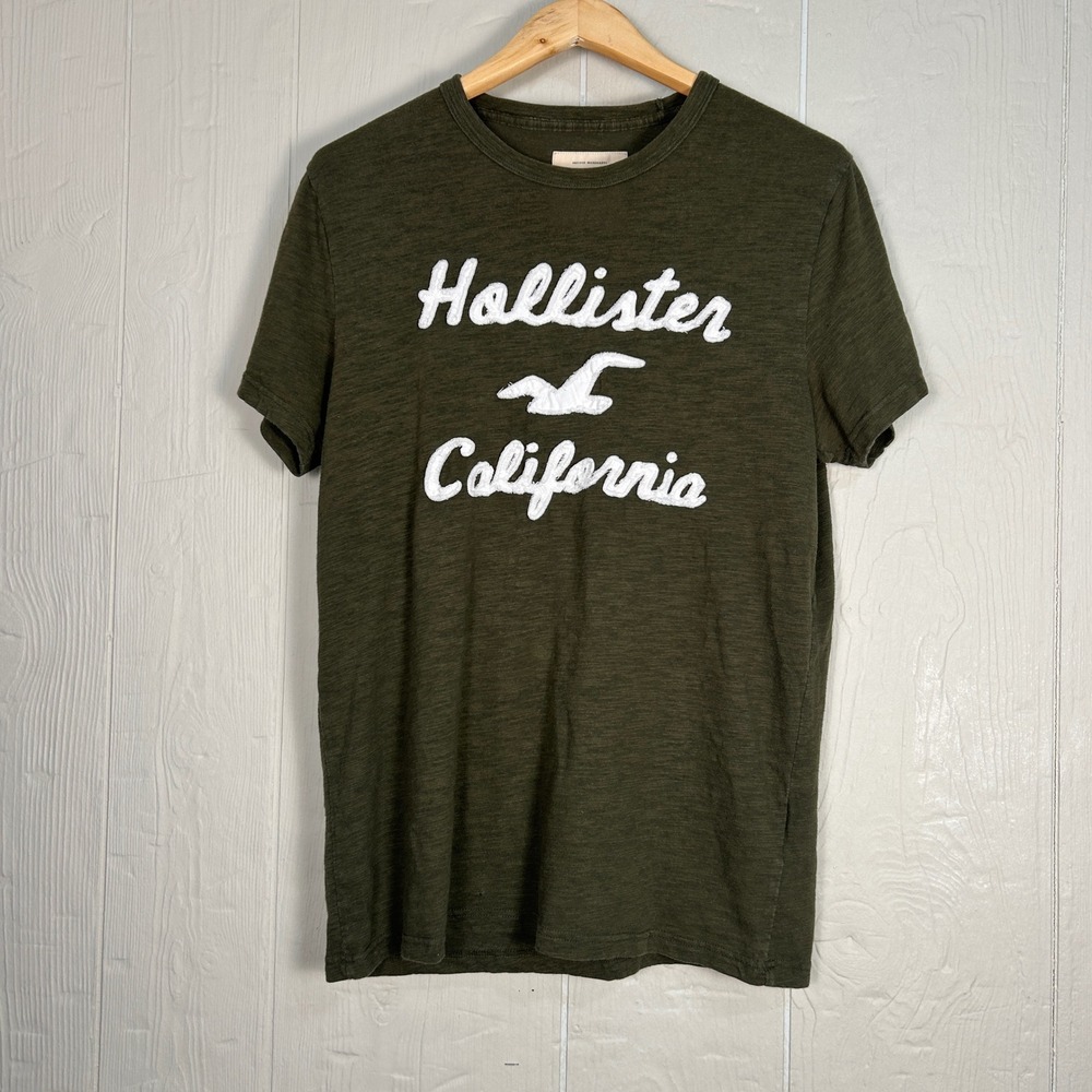 Y2K Hollister California Logo T-Shirt Men's Size-L Green Embroidered Distressed